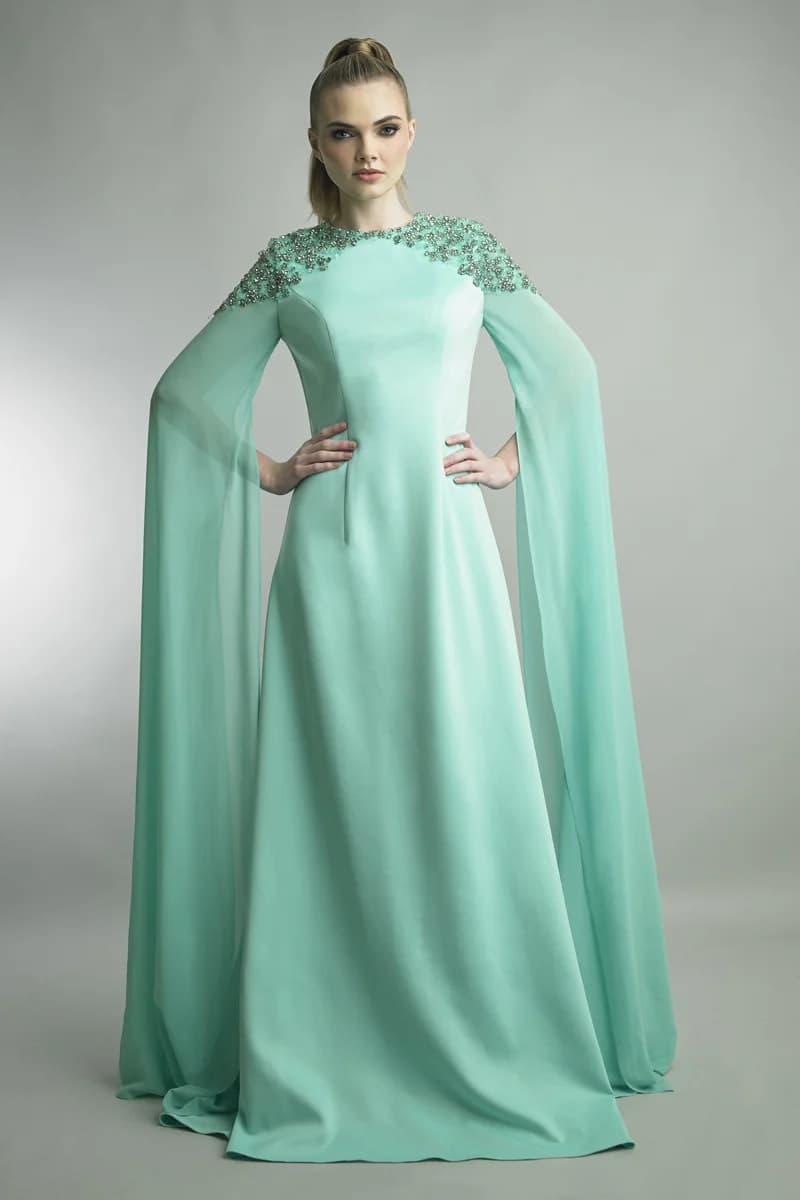Crystal-Embellished Capelet Gown