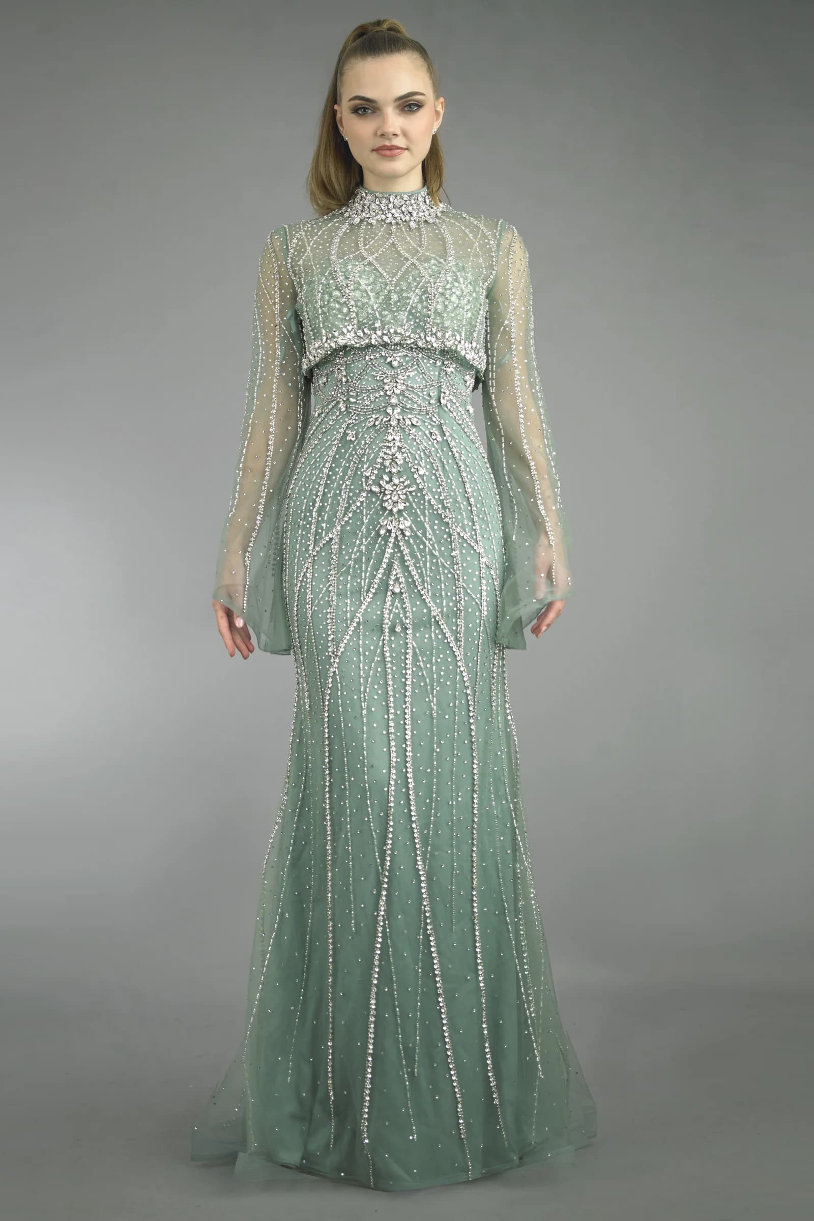 Beaded High-Neck Gown with Flutter Sleeves